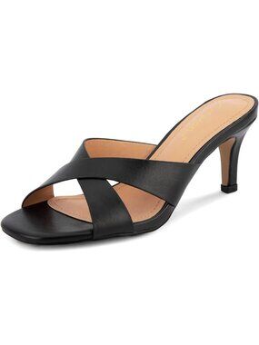 Women's Kitten heels Sandals Cross Strap Peep Black Toe Slip On Mules Dress